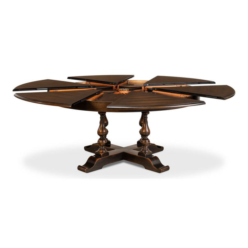 Sarreid, Ltd. round wood walnut dark stain dining table expandable adjustable hidden stored leaves traditional