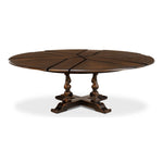 Sarreid, Ltd. round wood walnut dark stain dining table expandable adjustable hidden stored leaves traditional