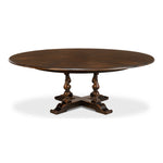 Sarreid, Ltd. round wood walnut dark stain dining table expandable adjustable hidden stored leaves traditional