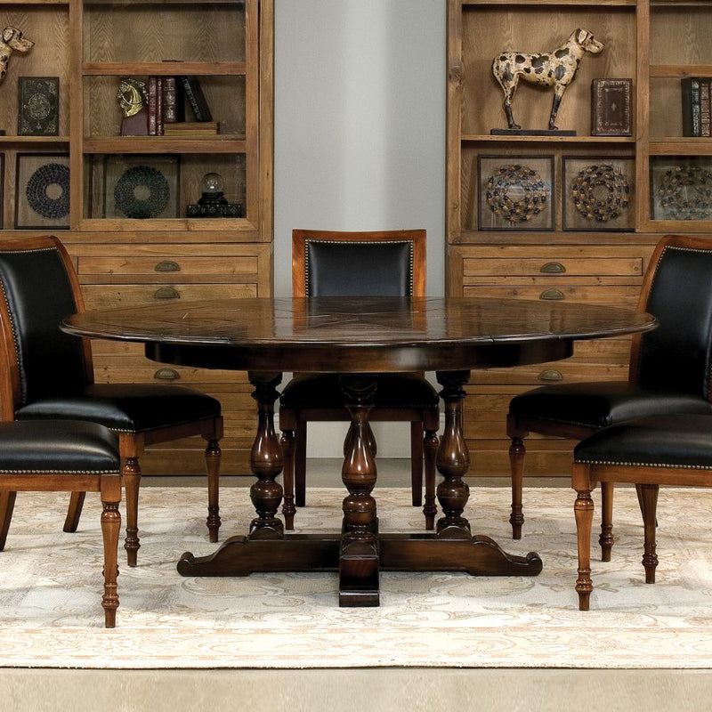 Sarreid, Ltd. round wood walnut dark stain dining table expandable adjustable hidden stored leaves traditional