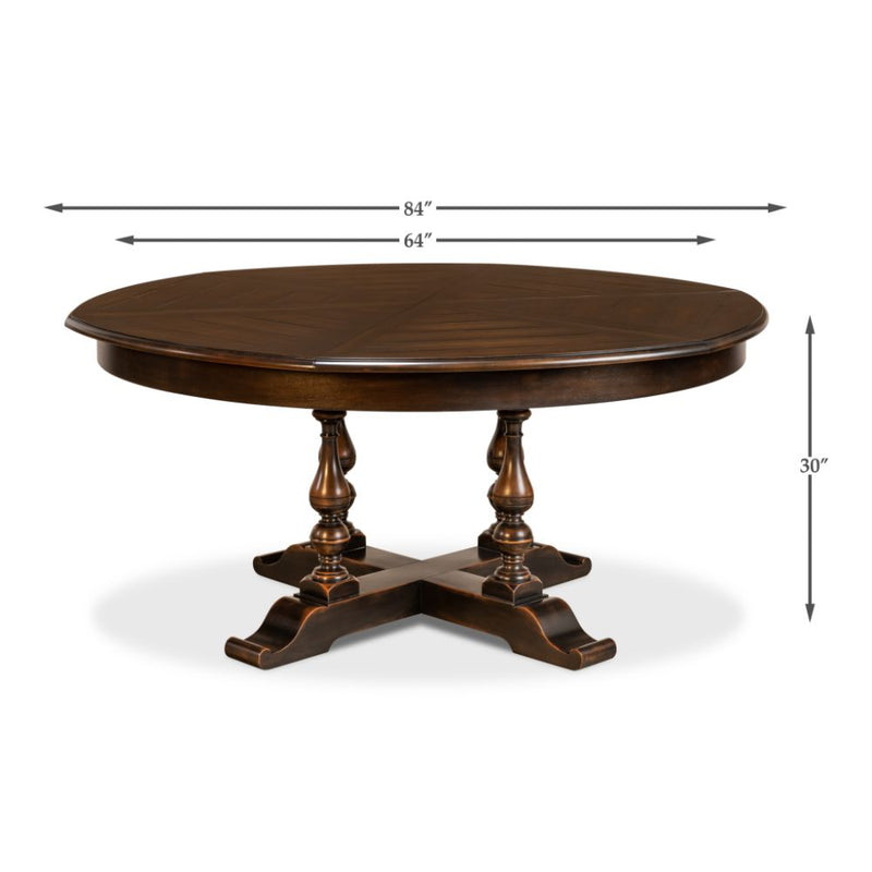 Sarreid, Ltd. round wood walnut dark stain dining table expandable adjustable hidden stored leaves traditional
