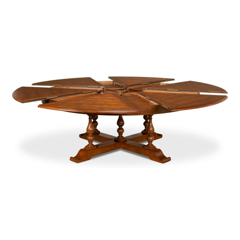 Sarreid, Ltd. round dining table expandable adjustable stored leaves turned legs four walnut extra large wood