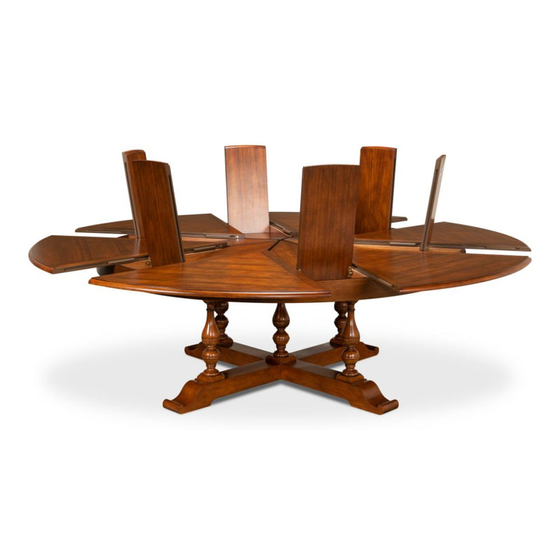 Sarreid, Ltd. round dining table expandable adjustable stored leaves turned legs four walnut extra large wood