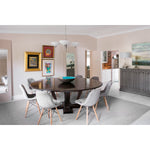 Sarreid, Ltd. round dining table oak wood dark stain expandable adjustable transitional hidden stored leaves