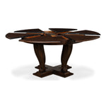 Sarreid, Ltd. round dining table oak wood dark stain expandable adjustable transitional hidden stored leaves