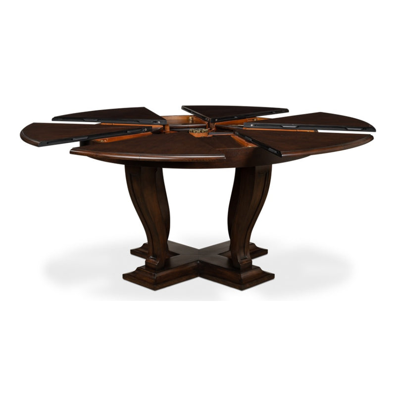 Sarreid, Ltd. round dining table oak wood dark stain expandable adjustable transitional hidden stored leaves