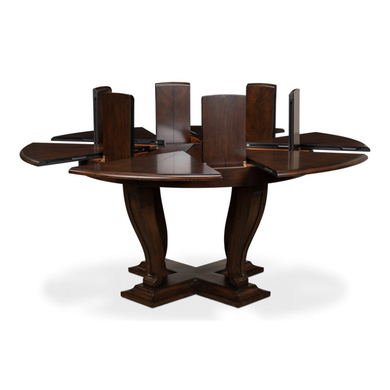 Sarreid, Ltd. round wood oak dark stained transitional dining table adjustable expandable hidden stored leaves