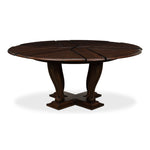 Sarreid, Ltd. round dining table oak wood dark stain expandable adjustable transitional hidden stored leaves