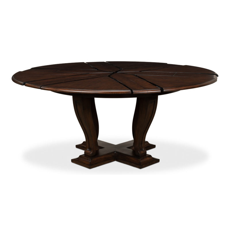 Sarreid, Ltd. round dining table oak wood dark stain expandable adjustable transitional hidden stored leaves