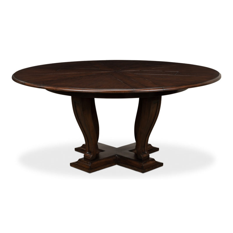 Sarreid, Ltd. round dining table oak wood dark stain expandable adjustable transitional hidden stored leaves