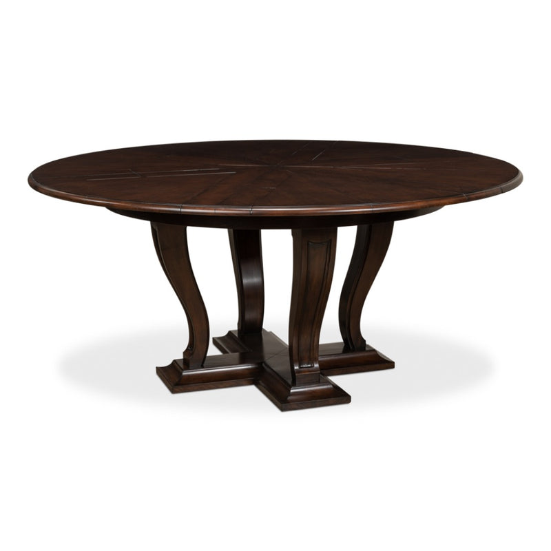 Sarreid, Ltd. round dining table oak wood dark stain expandable adjustable transitional hidden stored leaves