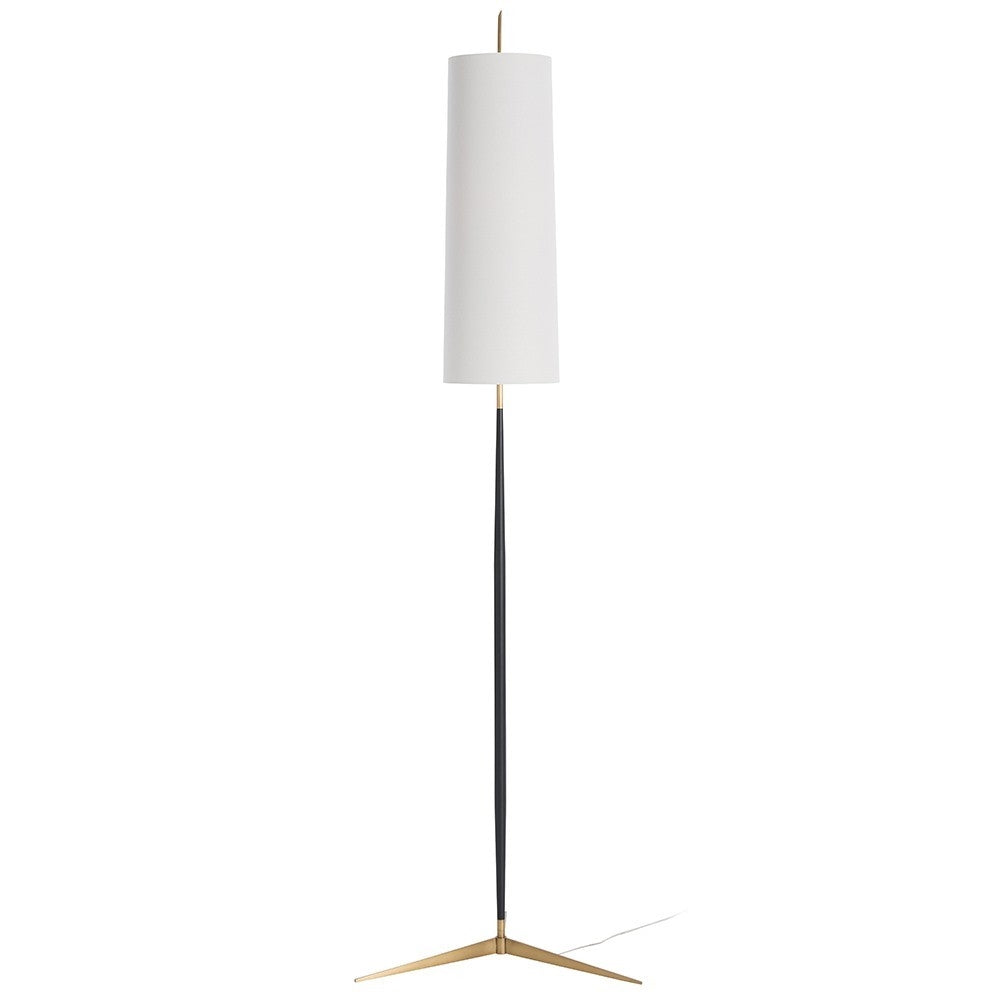 floor lamp bronze antique brass black steel off-white linen shade modern three leg base