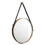 round brass framed mirror with leather strap