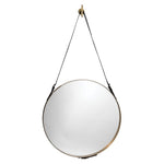 round brass framed mirror with leather strap