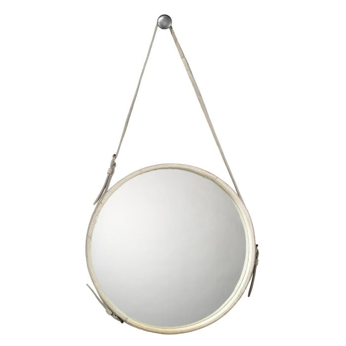 round white hide framed mirror with leather strap