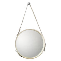round white hide framed mirror with leather strap
