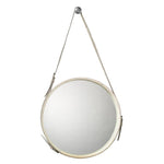 round white hide framed mirror with leather strap