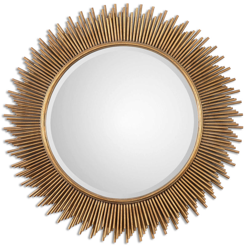 round beveled mirror metal tubes antiqued gold