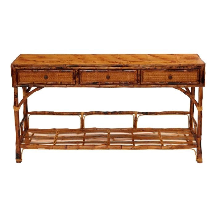 rattan wood console table drawers shelf tortoise
