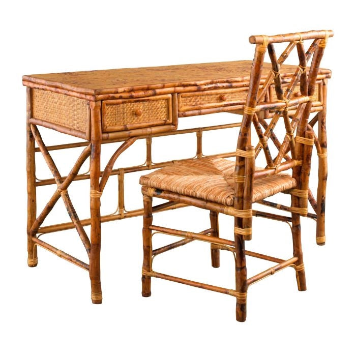 Tortoise Finished Rattan Desk and Chair Set
