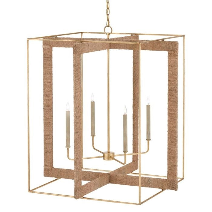 abaca rope & gold wrought iron 4 light square contemporary lantern