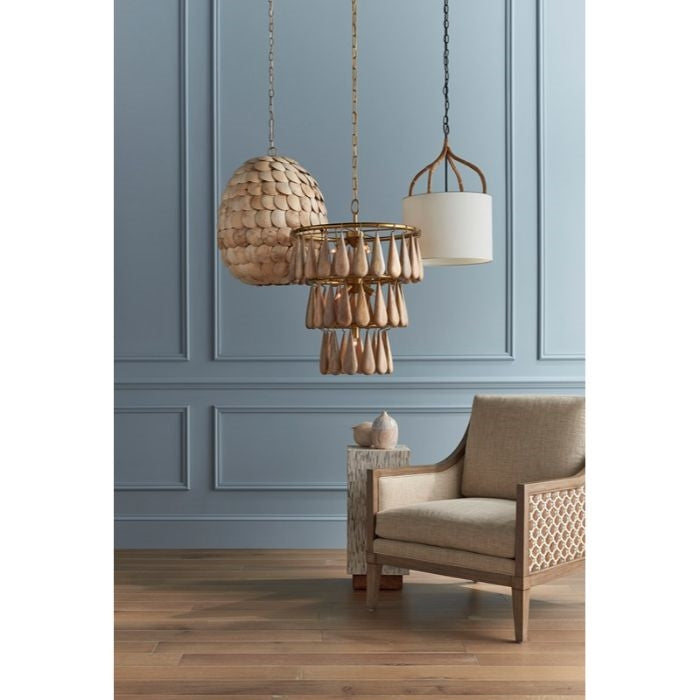 wicker wrapped rattan pendant with off-white shade