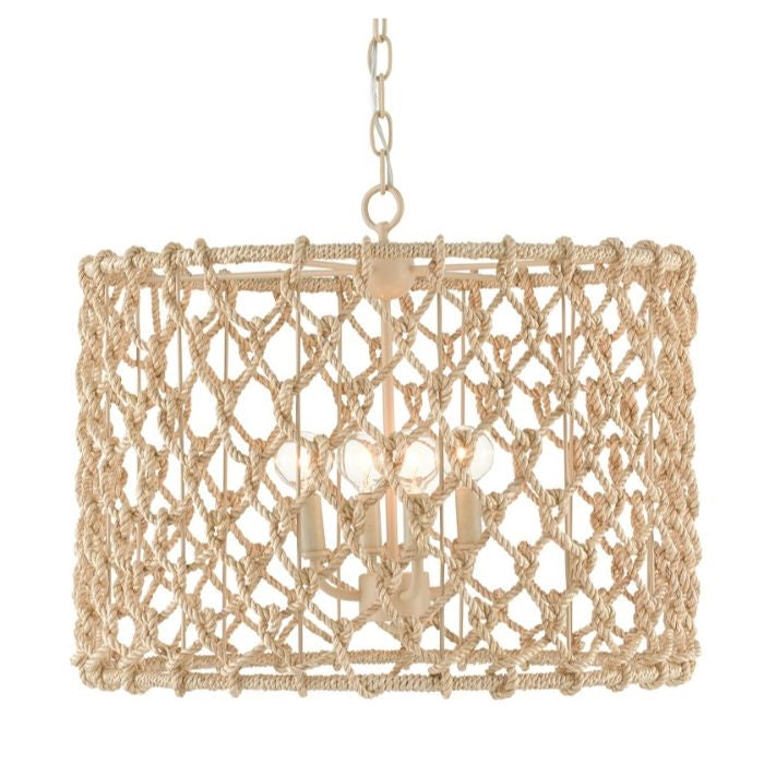 4 light woven rope and natural wood finish wrought iron drum chandelier