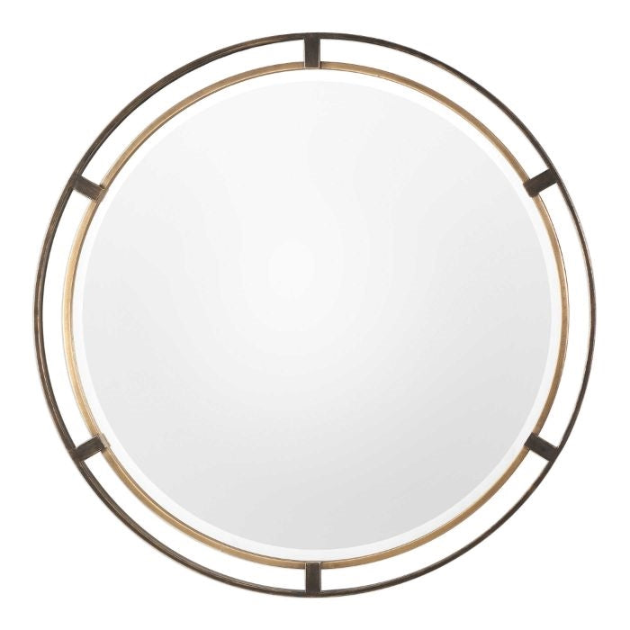 round mirror beveled iron frame rustic bronze antiqued gold