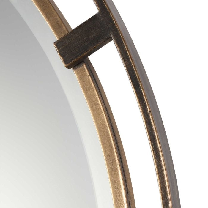 round mirror beveled iron frame rustic bronze antiqued gold