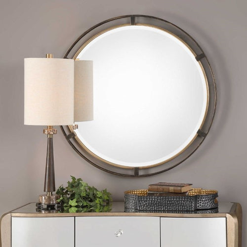 round mirror beveled iron frame rustic bronze antiqued gold