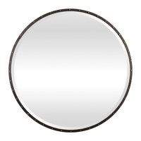 large round mirror black iron frame gold screw caps