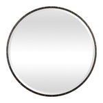 large round mirror black iron frame gold screw caps