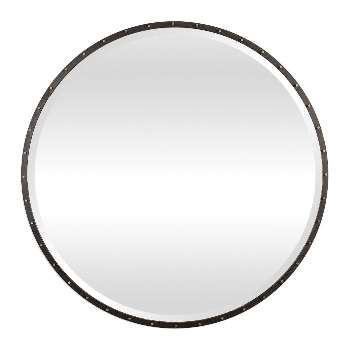 large round mirror black iron frame gold screw caps