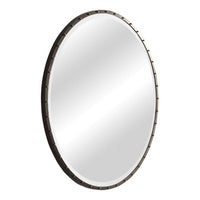 large round mirror black iron frame gold screw caps