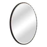 large round mirror black iron frame gold screw caps