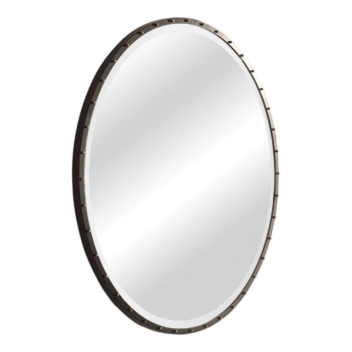 large round mirror black iron frame gold screw caps