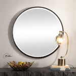large round mirror black iron frame gold screw caps