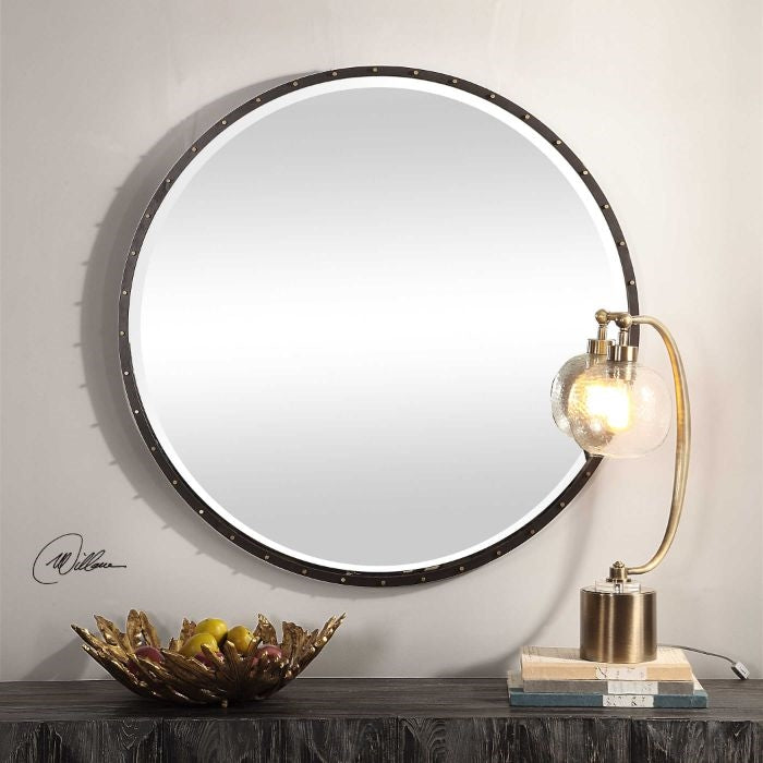 large round mirror black iron frame gold screw caps