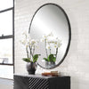 large round mirror black iron frame gold screw caps