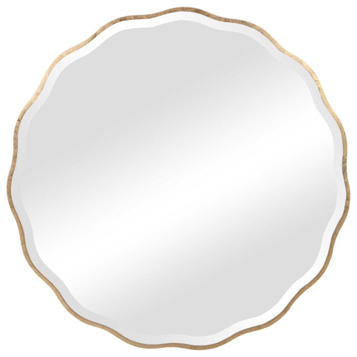 scalloped edge gold wood round mirror beveled