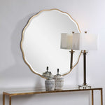 scalloped edge gold wood round mirror beveled