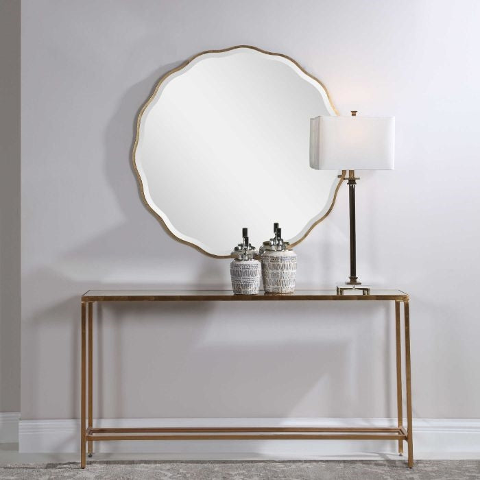 scalloped edge gold wood round mirror beveled