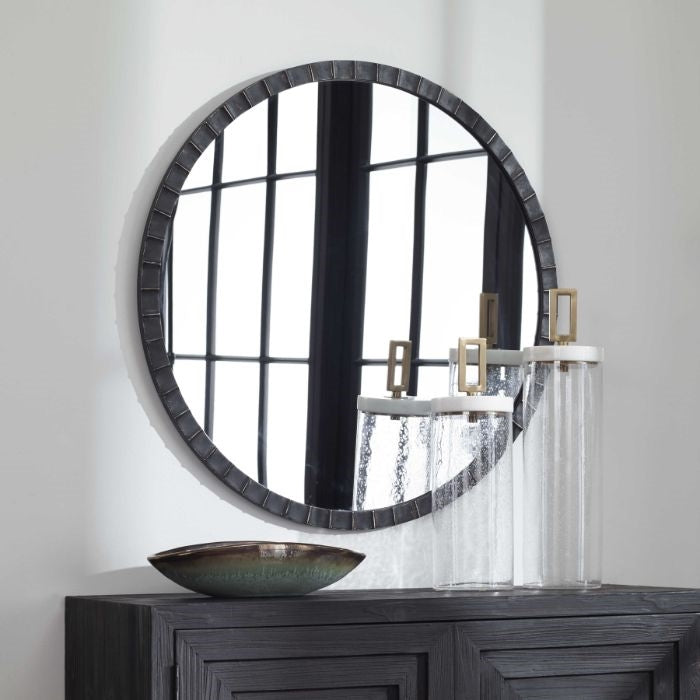 round wall mirror matte black iron frame industrial