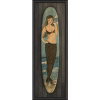 Spicher & Company coastal wall art  surfboard mermaid vintage wood slats frame glass vertical