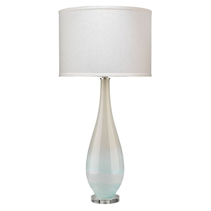blown glass table lamp light blue white taupe slender tall acrylic base white linen drum shade