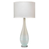 blown glass table lamp light blue white taupe slender tall acrylic base white linen drum shade