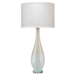 blown glass table lamp light blue white taupe slender tall acrylic base white linen drum shade