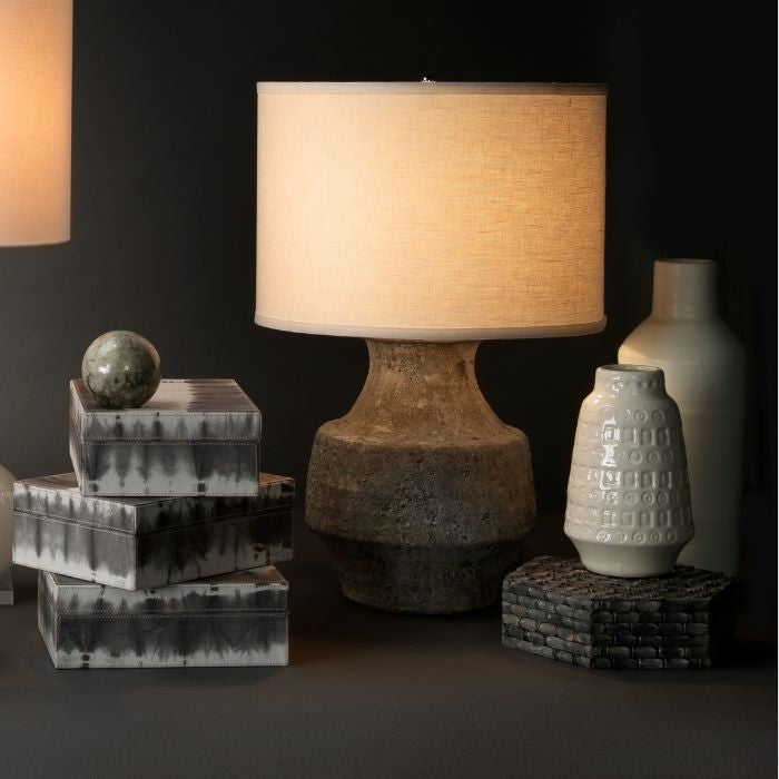 gray table lamp concrete-like texture ceramic white linen drum shade