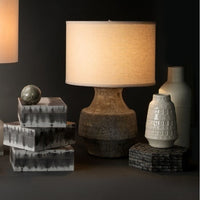gray table lamp concrete-like texture ceramic white linen drum shade