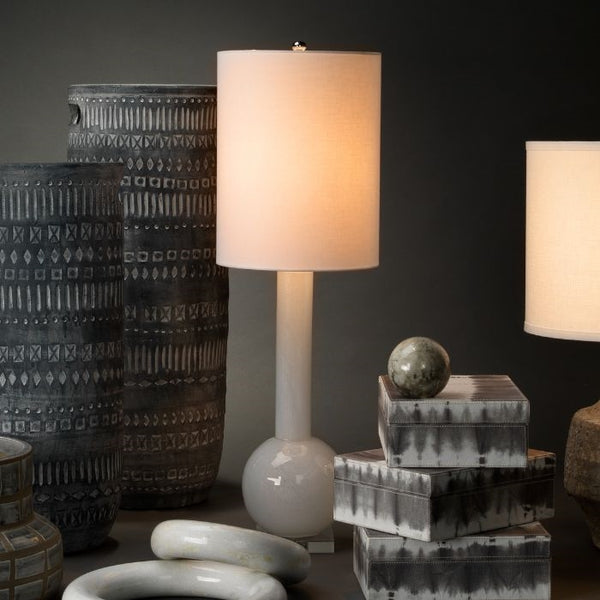 tall white glass table lamp contemporary modern white linen thin drum shade